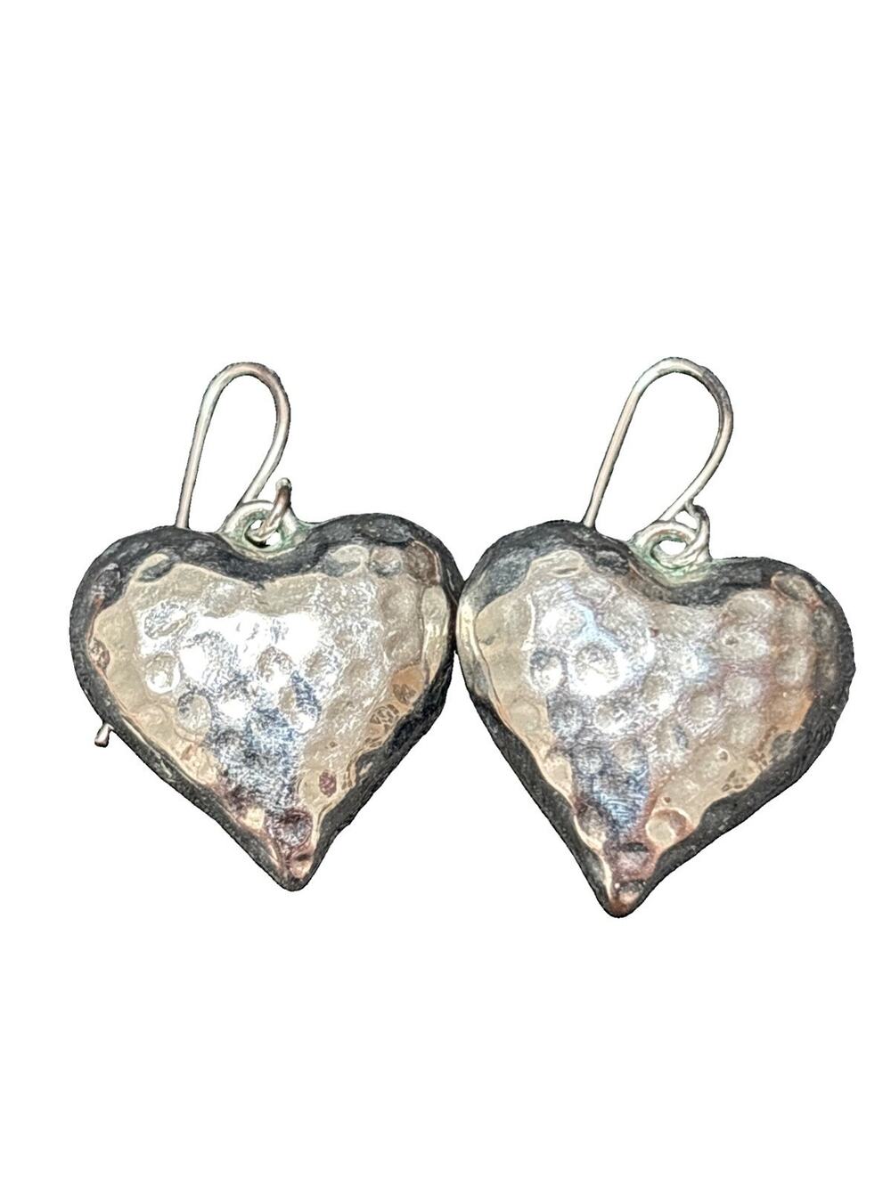 Vintage Hammered Drop Dangle Heart Earrings Silver Tone Textured Chunky Heart